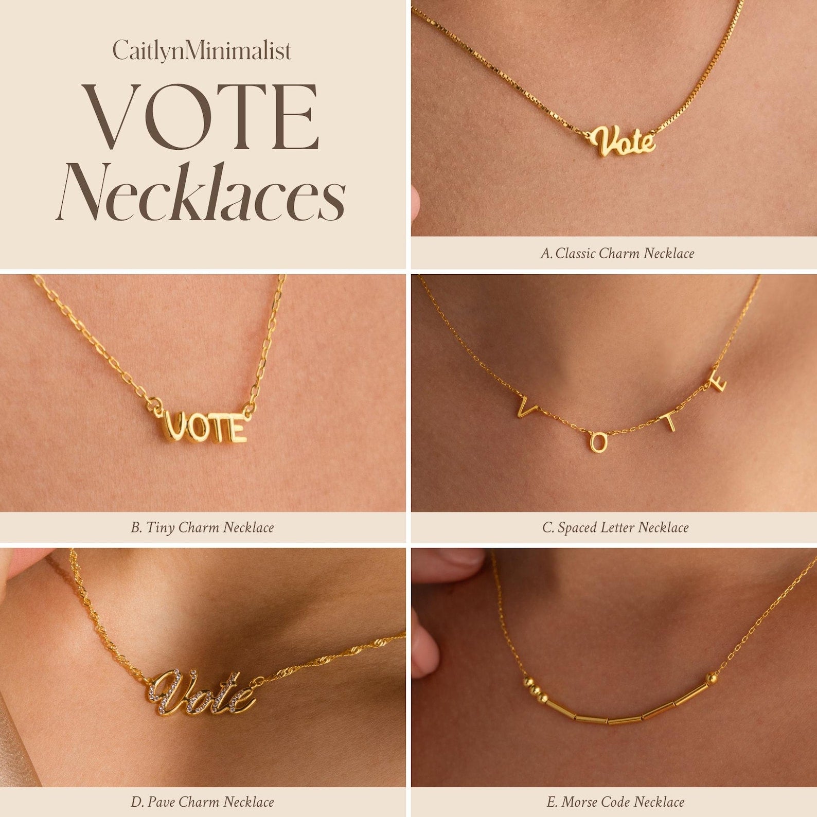 Collage of five Essential Vote Necklaces, including a VOTE Charm style, shown on models' necks—the perfect minimalist jewelry gift for voters.