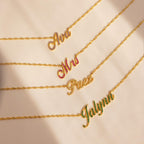Five Elegant Birthstone Name Necklaces spell Ana, Mrs, Faez, and Jalynn—each accented with a unique gem. This stunning collection is perfect for custom jewelry lovers seeking personalized style.