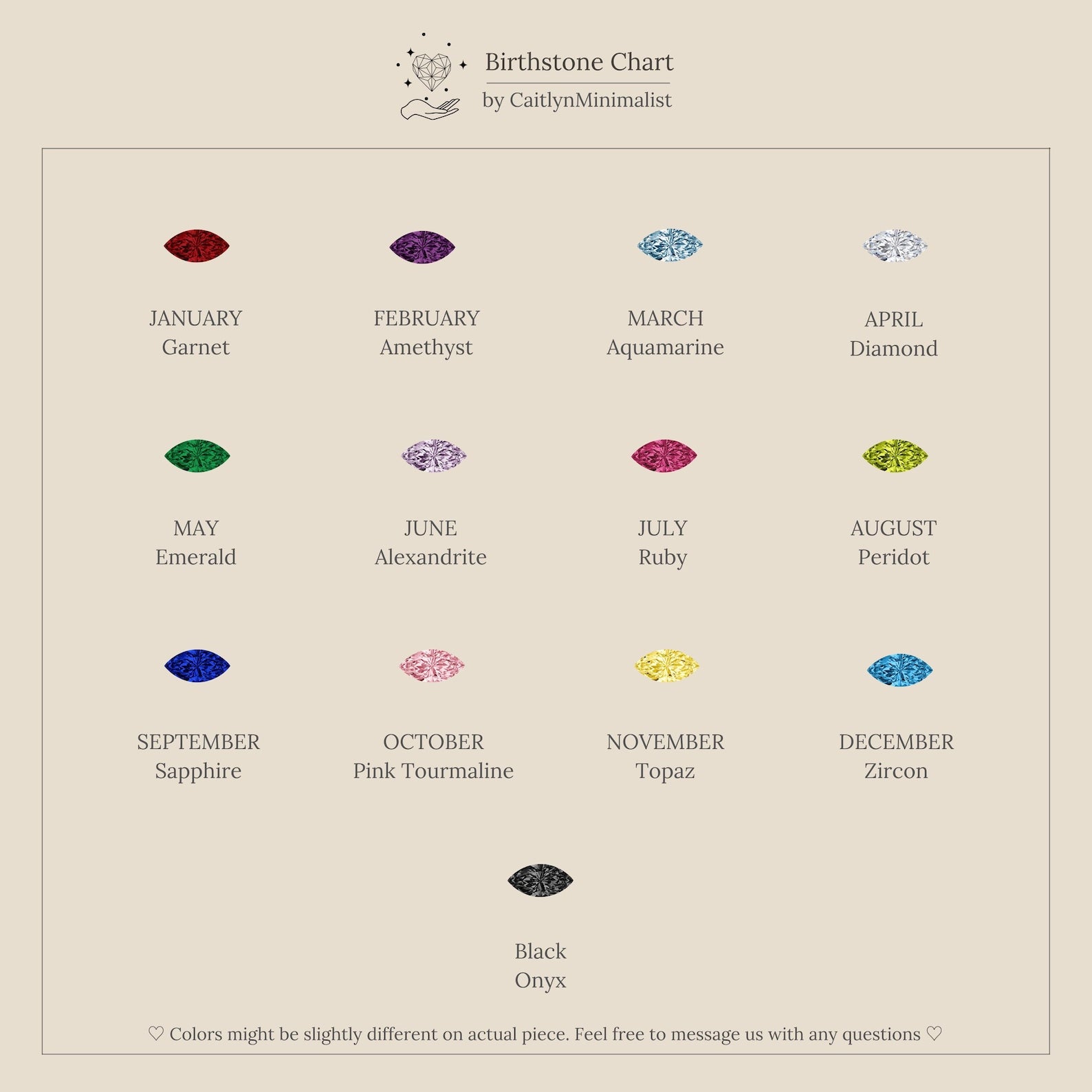 A minimalist chart features marquise-cut birthstones for each month, gemstone illustrations, and a customizable Marquise Onyx & Pearl Necklace design, with black onyx shown at the bottom.