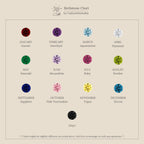 A colorful chart displays each month's birthstone and name from January to December, making it easy to select your perfect Clover Birthstone Necklace featuring a four-leaf clover charm.