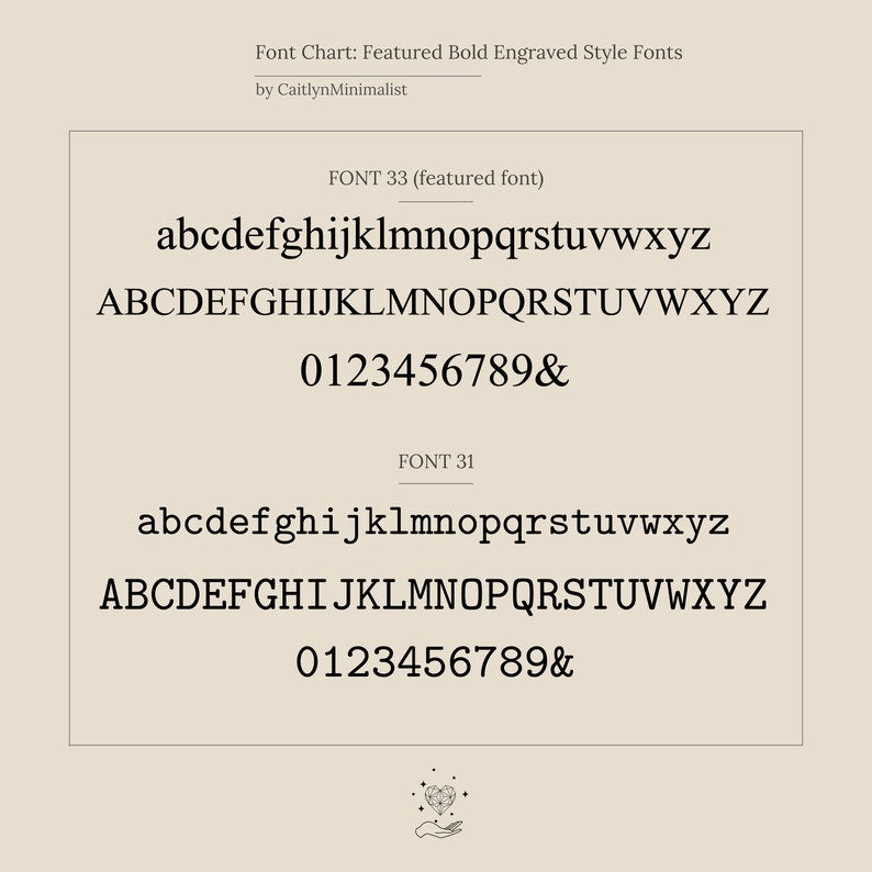 Font chart showing two serif fonts with uppercase, lowercase letters, and numbers 0–9—perfect for customizing your Custom Pave Hexagon Ring or creating a personalized minimalist ring design.
