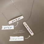 Two Handwriting Bar Necklaces in Sterling Silver, engraved with handwritten messages “proud of you” and “I love you forever,” make a heartfelt and timeless personalized jewelry gift.