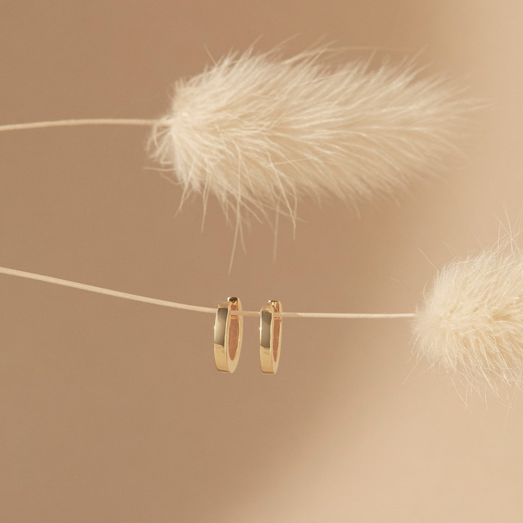 The Editor Huggies in 18K Gold are displayed on a thin, neutral string between two fluffy dried plants, set against a beige background.