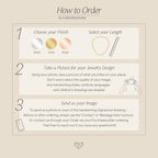 Instructional graphic on ordering a Pave Fingerprint Coin Necklace—shows how to pick finish, length, and upload your fingerprint image. Ideal for a meaningful Memorial Gift or personalized necklace.