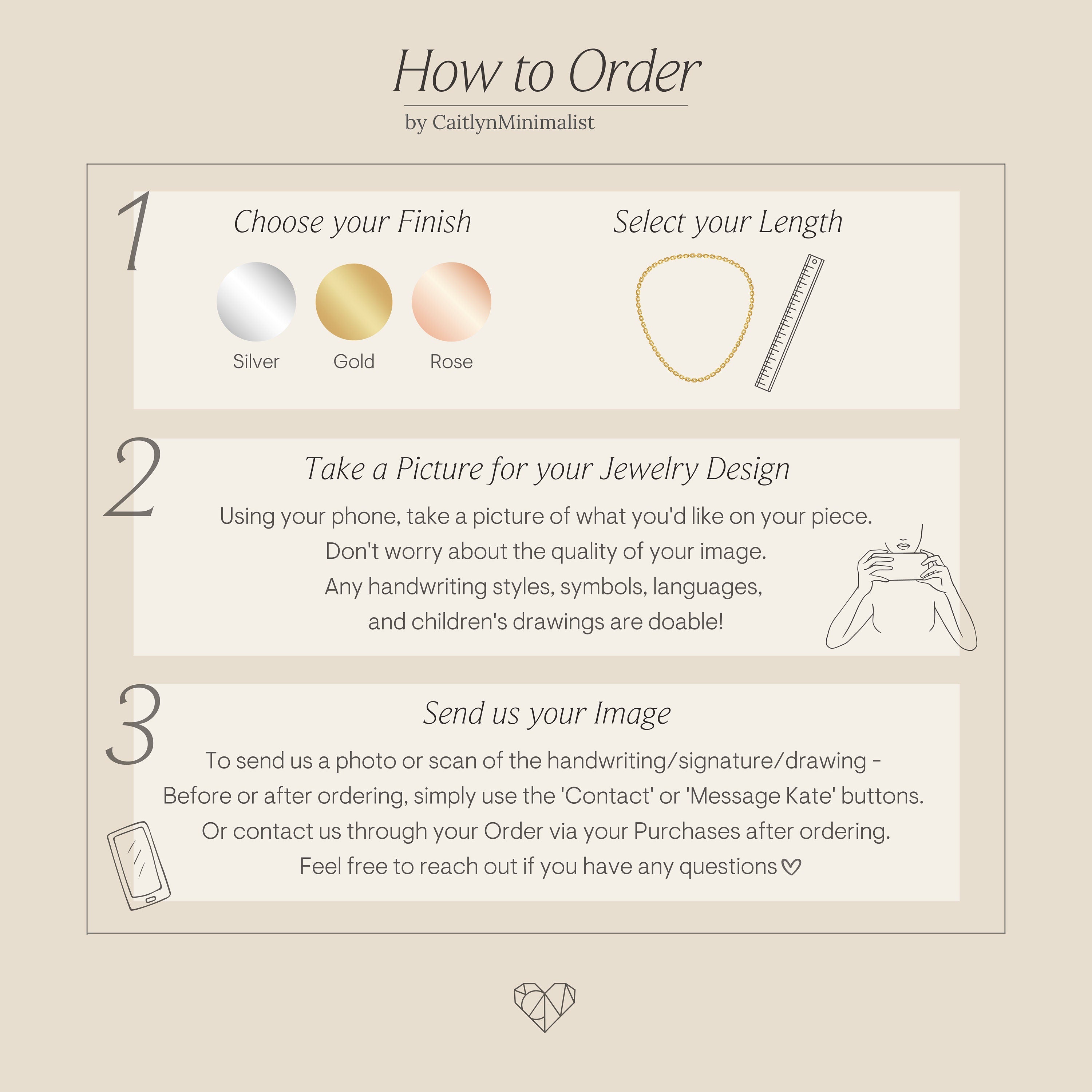 Instructional graphic on ordering a Pave Fingerprint Coin Necklace—shows how to pick finish, length, and upload your fingerprint image. Ideal for a meaningful Memorial Gift or personalized necklace.