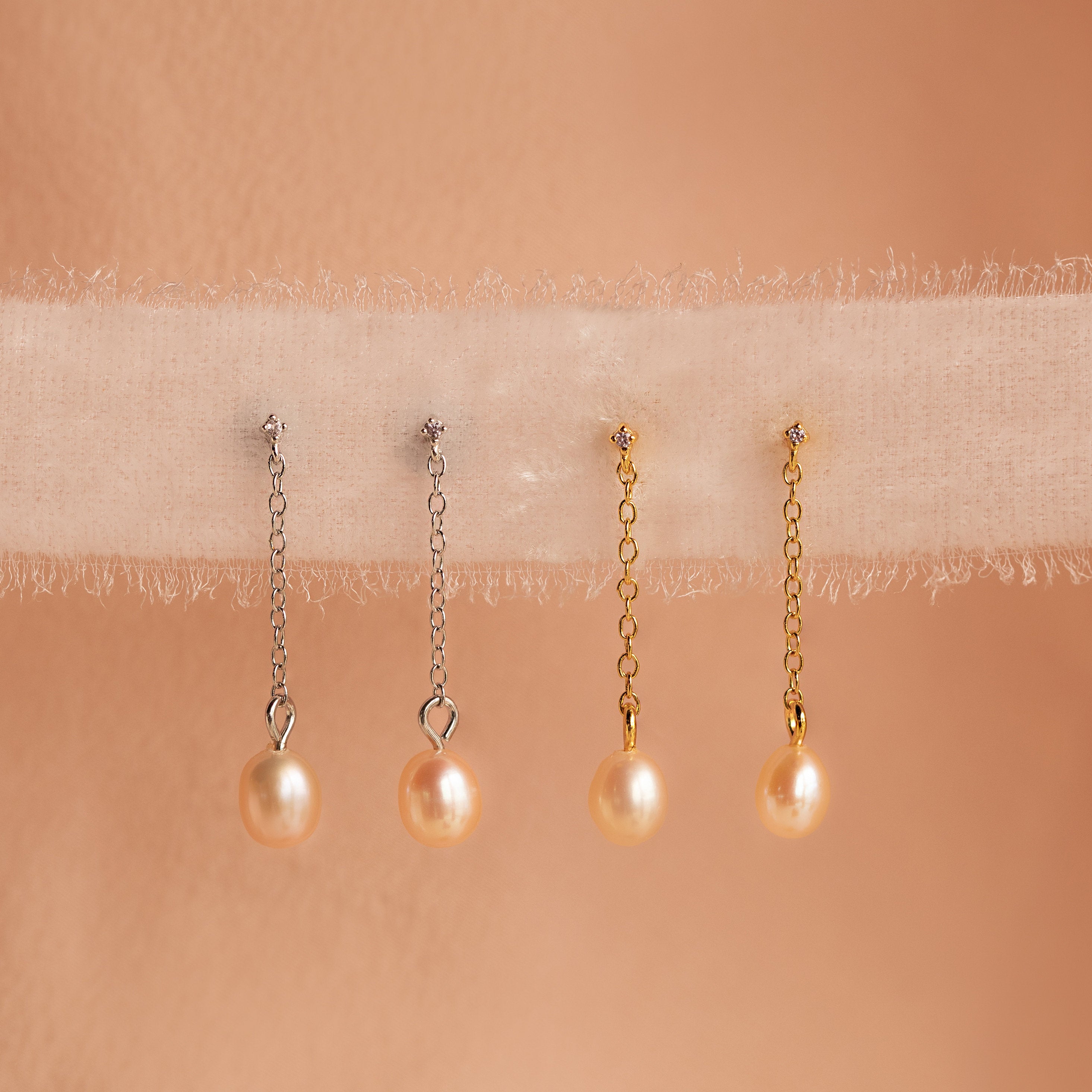 Rose Pearl & Diamond Dangling Drop Earrings 14K Rose Gold