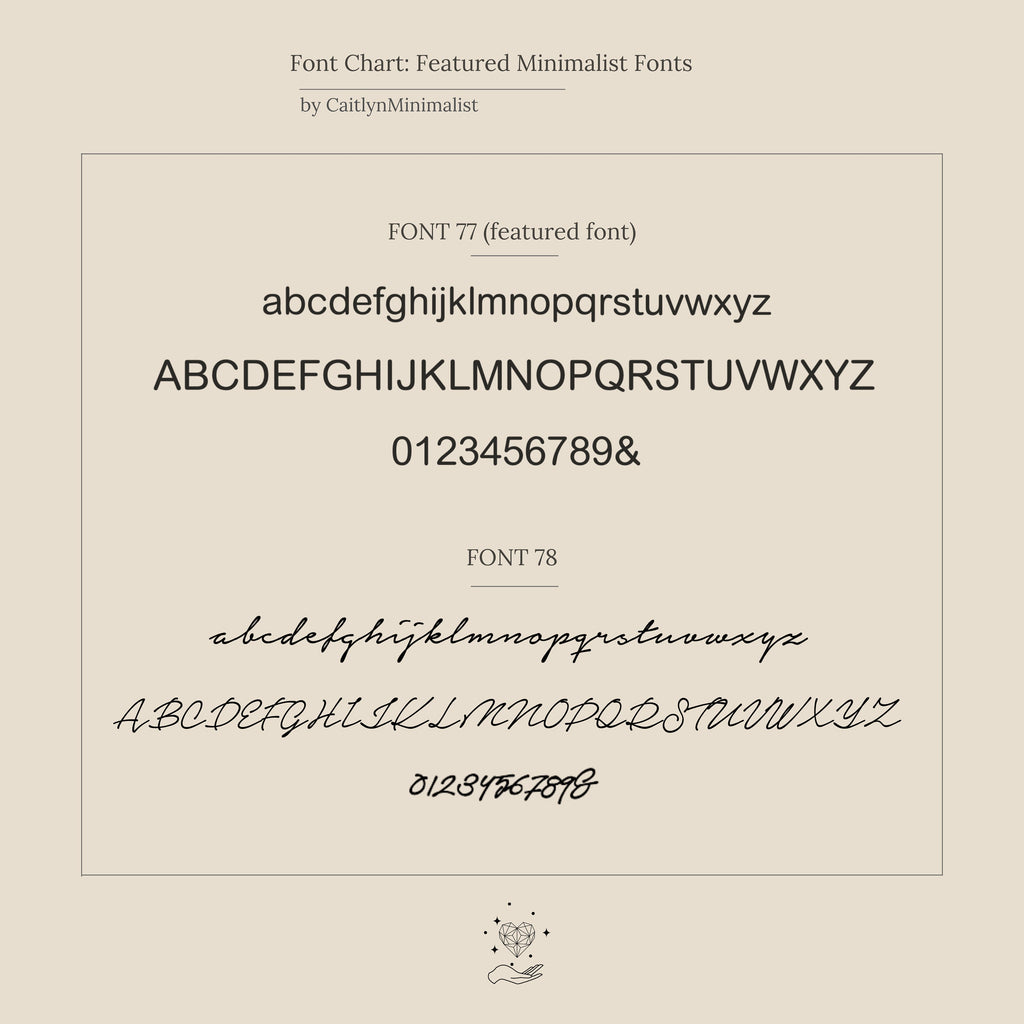 A comparison chart of two minimalist fonts for the Sideways Initial Necklace In Box Chain, perfect for designing personalized jewelry, showing uppercase, lowercase letters, and numbers for each style.
