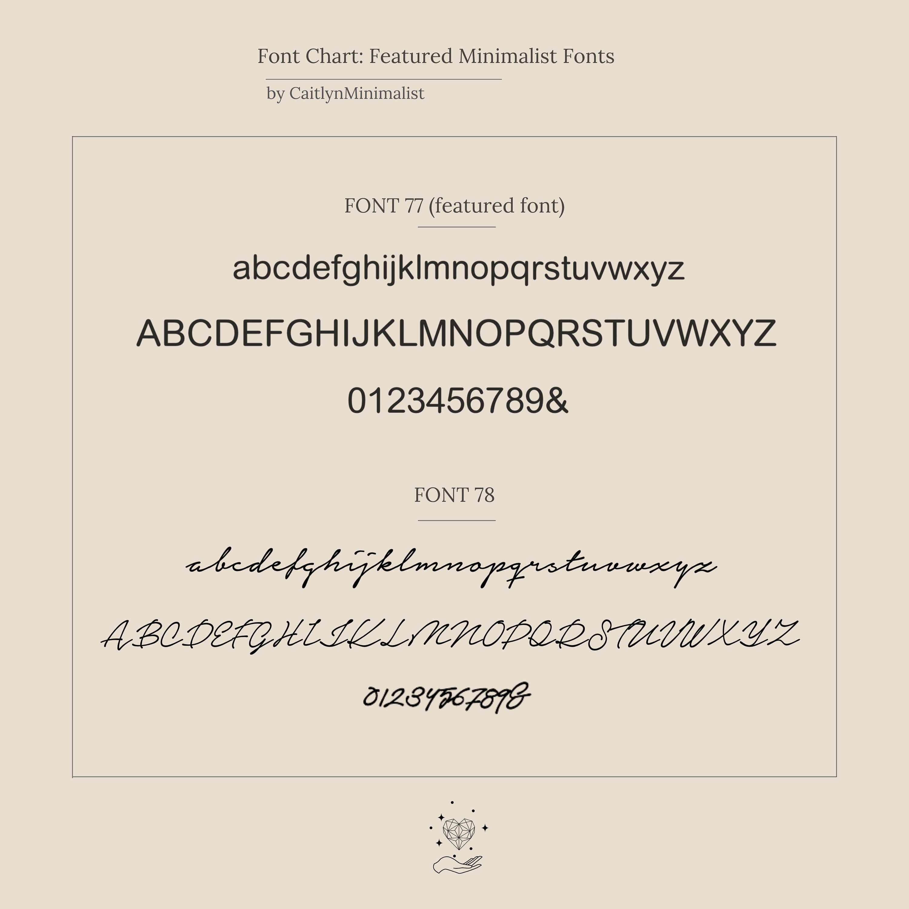 A comparison chart of two minimalist fonts for the Sideways Initial Necklace In Box Chain, perfect for designing personalized jewelry, showing uppercase, lowercase letters, and numbers for each style.