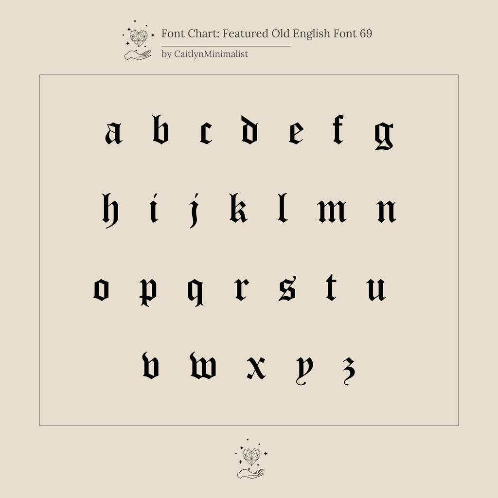 Lowercase Old English alphabet chart in black on a light background—ideal for designing personalized jewelry like the Gothic Pave Initial Necklace.