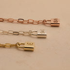 The Initial Padlock Paperclip Necklace features a padlock charm engraved with your chosen letter in rose gold, silver, or gold—perfect for couples or layering with your favorite personalized jewelry.