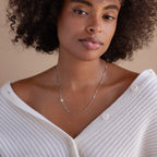 Woman with curly hair wears a white sweater and the Birthstone Initial Necklace in Box Chain, personalized with an M pendant.