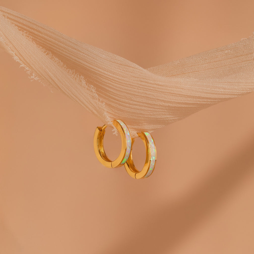 White Opal Inlay Hoops—elegant gold hoops featuring white opal inlay, perfect as bridal earrings or for adding a chic touch to any outfit.