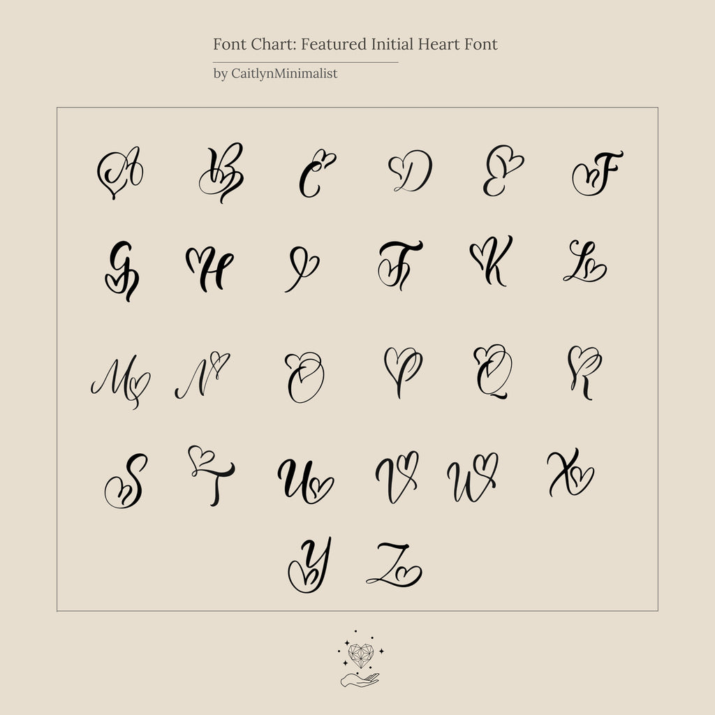 A beige chart displaying uppercase cursive alphabet letters in a heart-themed font, ideal for designing an Initial Heart Necklace or crafting a heartfelt, personalized gift.