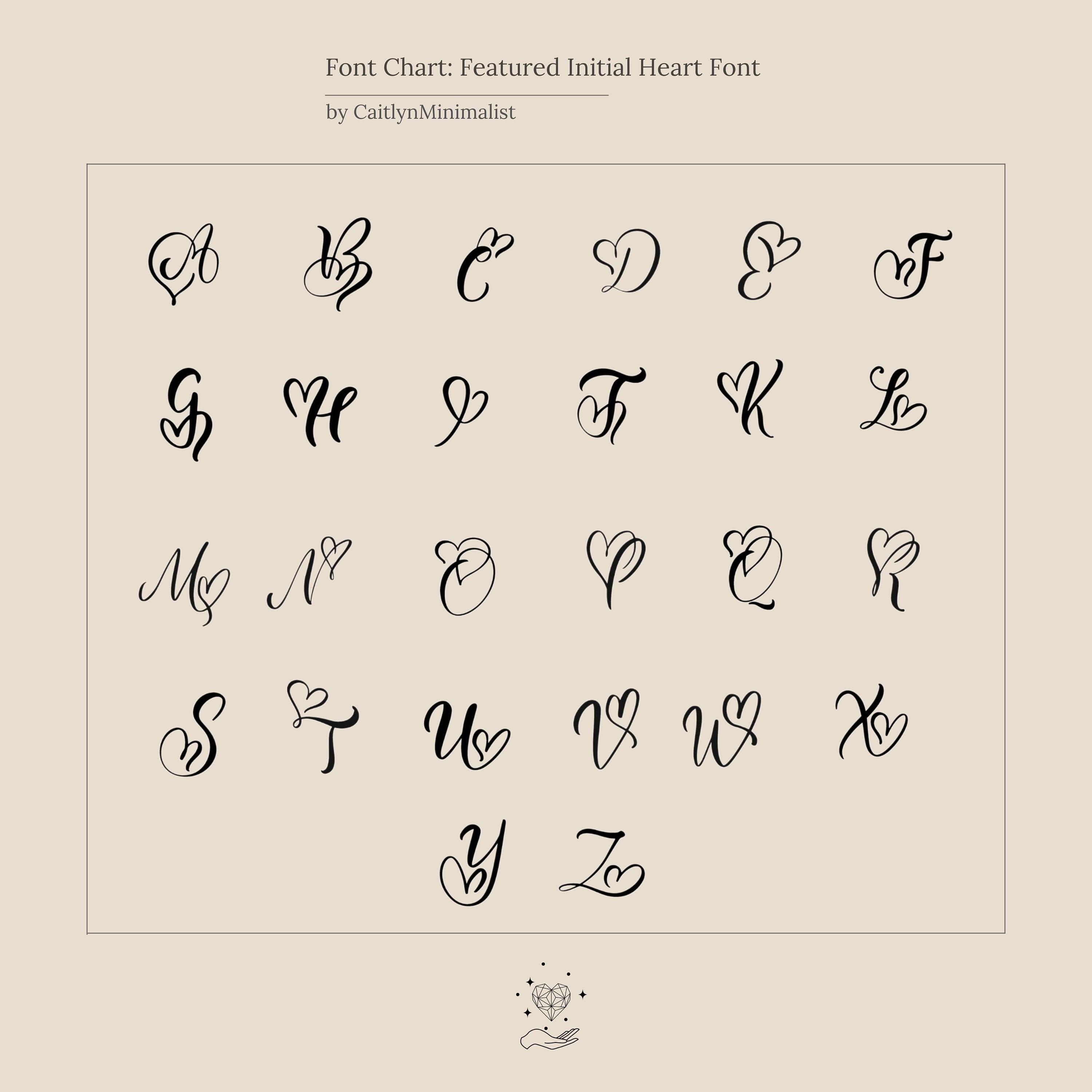 A beige chart displaying uppercase cursive alphabet letters in a heart-themed font, ideal for designing an Initial Heart Necklace or crafting a heartfelt, personalized gift.