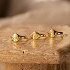 Three gold Initial Birthstone Signet Rings with engraved initials and vibrant gemstones are displayed on a textured stone surface—the perfect personalized piece and custom gift.