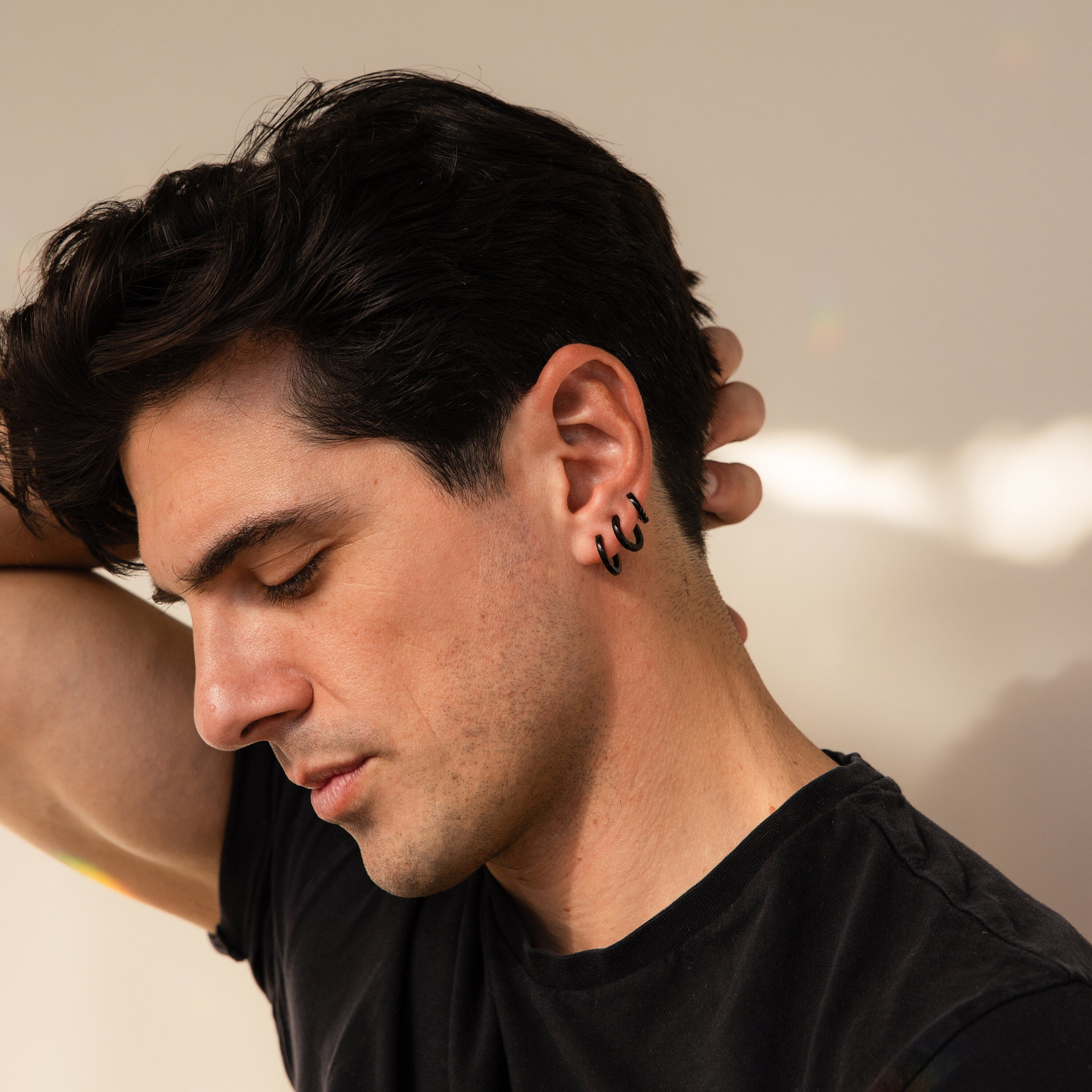 Men's Small Black Hoop Earrings for Everyday Set Caitlyn Minimalist