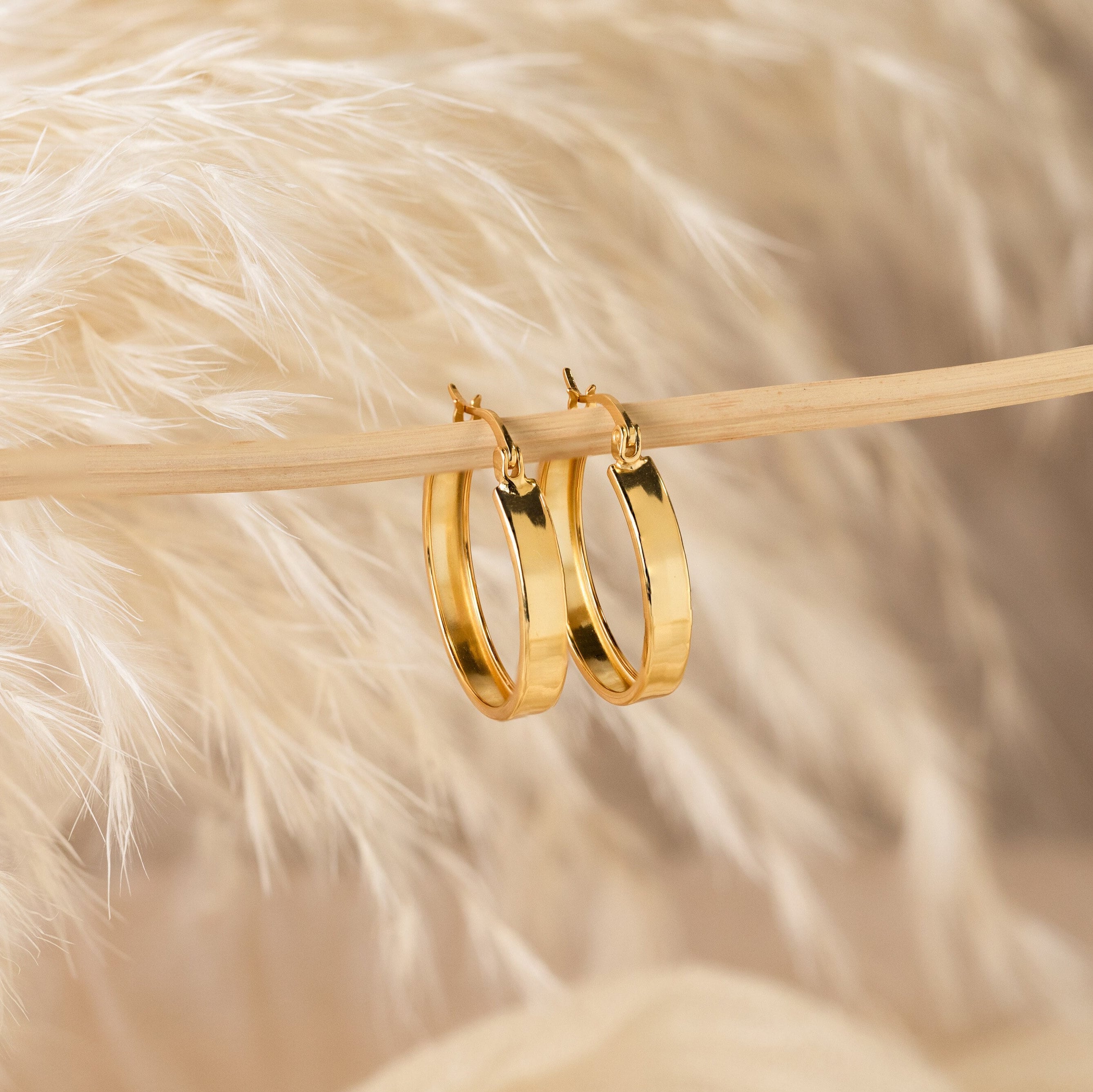 Two Thick Hoops hang elegantly on a slim wooden stick, set against a soft beige feather backdrop.
