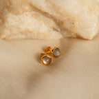 Manifest Gemstone Studs—gold earrings with round, grey labradorite stones—are shown on a light, textured surface by a large rock. These elegant gemstone studs add subtle charm to any look.