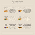 A guide featuring the Mini Signet Mood Ring and stacking styles, with images and color meanings for amber, purple, turquoise, green, blue, and charcoal.