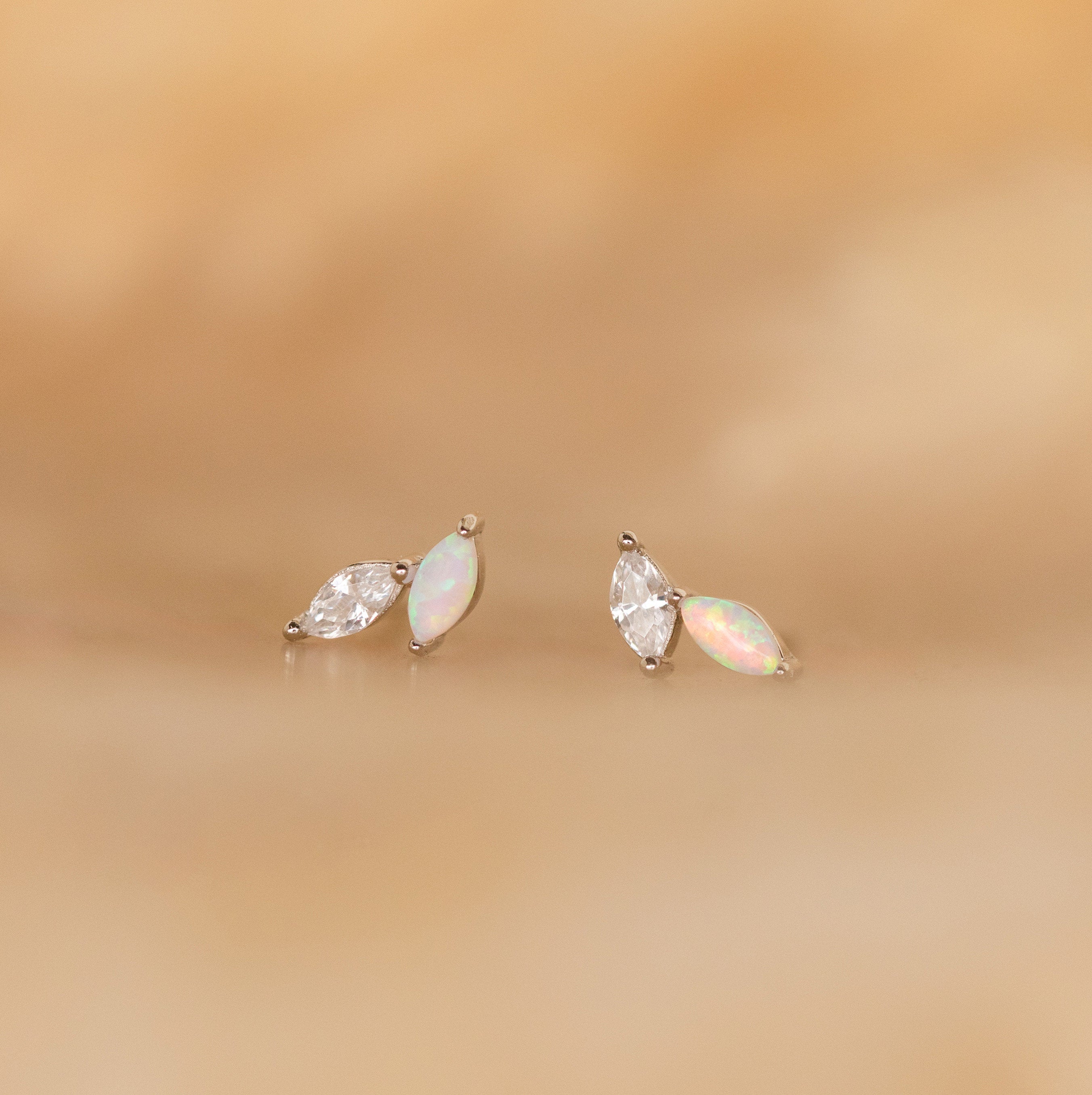 Opal & Diamond Marquise Studs with sparkling opals and diamonds, shown on a soft beige background—an elegant choice for a unique bridesmaid gift.