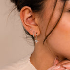 A woman's ear is adorned with the Opal Starburst Earrings Set, featuring a star-shaped dangly earring and two studs—ideal for mixing and matching with your favorite jewelry sets.