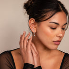 A woman with her hands near her ears, wearing the Diamond Drop Earrings Set.