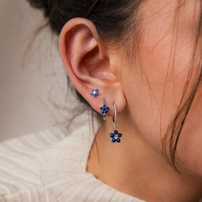 Sapphire Flower Earrings Set - Silver