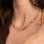 Close-up of a woman's neck wearing the Rose Quartz Beaded Necklace, featuring pink, gold, and clear beads—a stylish and elegant gift for a best friend.