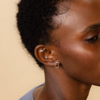 Close-up of a person’s ear adorned with multiple silver earrings, including hoops, Helix piercings, and the Opal Cartilage Studs Set, against a beige background.