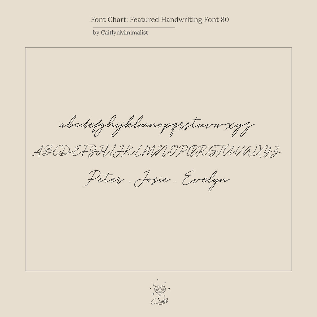 Handwritten font chart with cursive upper and lowercase letters and names—Peter, Josie, Evelyn—perfect for personalizing the Pave Handwriting Necklace.