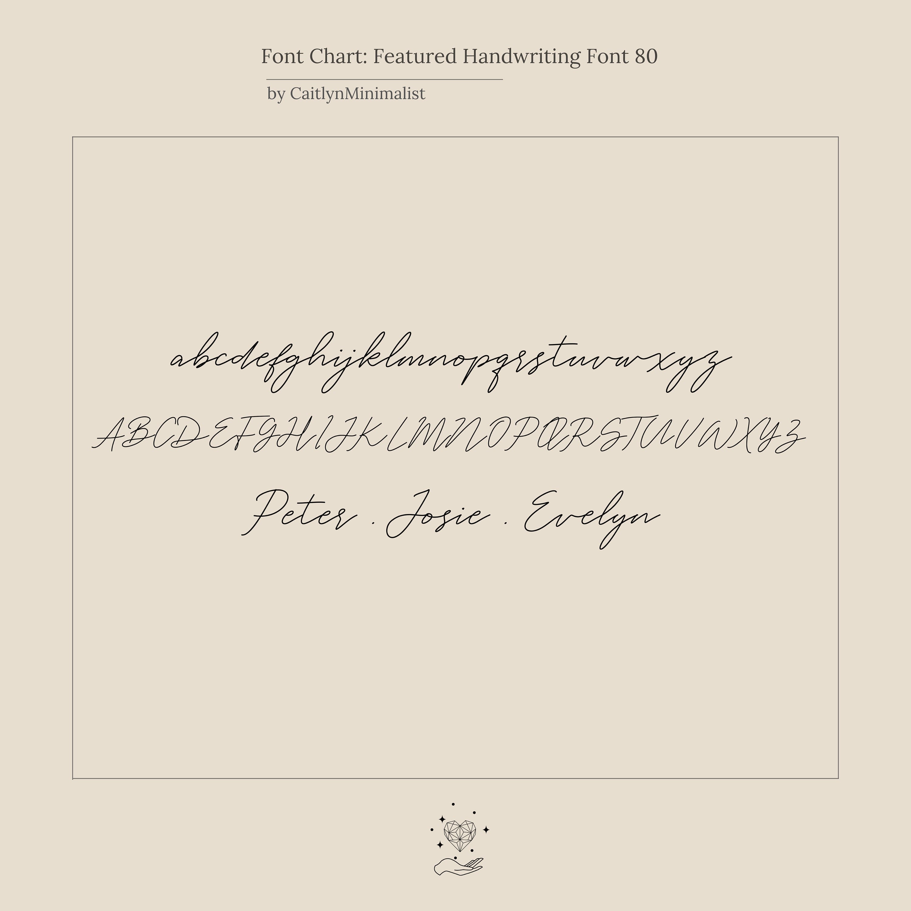 Handwritten font chart with cursive upper and lowercase letters and names—Peter, Josie, Evelyn—perfect for personalizing the Pave Handwriting Necklace.