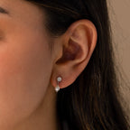 Close-up of a woman's ear wearing Moonstone Pearl Drop Earrings, featuring elegant pearl drops with a round white stud—a timeless addition to any jewelry collection.