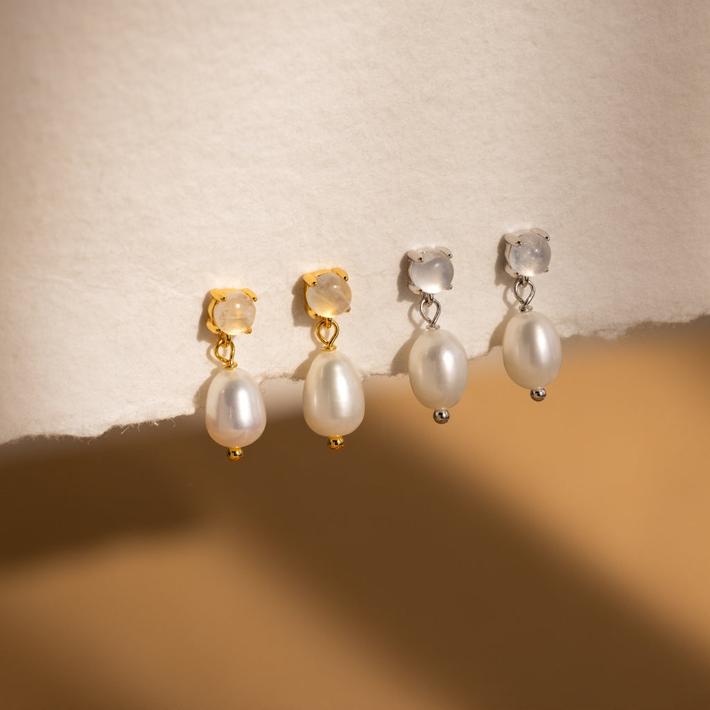 The Moonstone Pearl Drop Earrings are elegant accessories, perfect for elevating any jewelry collection.