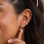 Close-up of an ear with three bridal earrings—a pearl hoop and two Pearl Cluster Drop Studs—plus a hand gently touching the hoop, creating an elegant wedding accessory look.