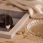 The Pave Mother of Pearl Heart Necklace is displayed on a book beside a glass dish, set against a beige fabric background.