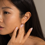 A woman touches her ear, showcasing Moonstone Heart Studs—dainty earrings with heart-shaped moonstones.