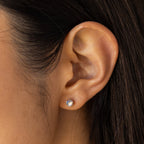 A close-up shows an ear adorned with a Moonstone Studs earring—its iridescent moonstone set in gold, making this celestial jewelry truly stunning.