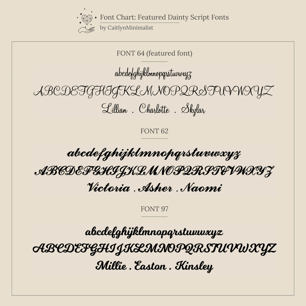 Font chart showcasing three dainty script fonts with sample names in cursive—ideal for personalizing the Luna Name Necklace in Paperclip Chain—displayed on a beige background.