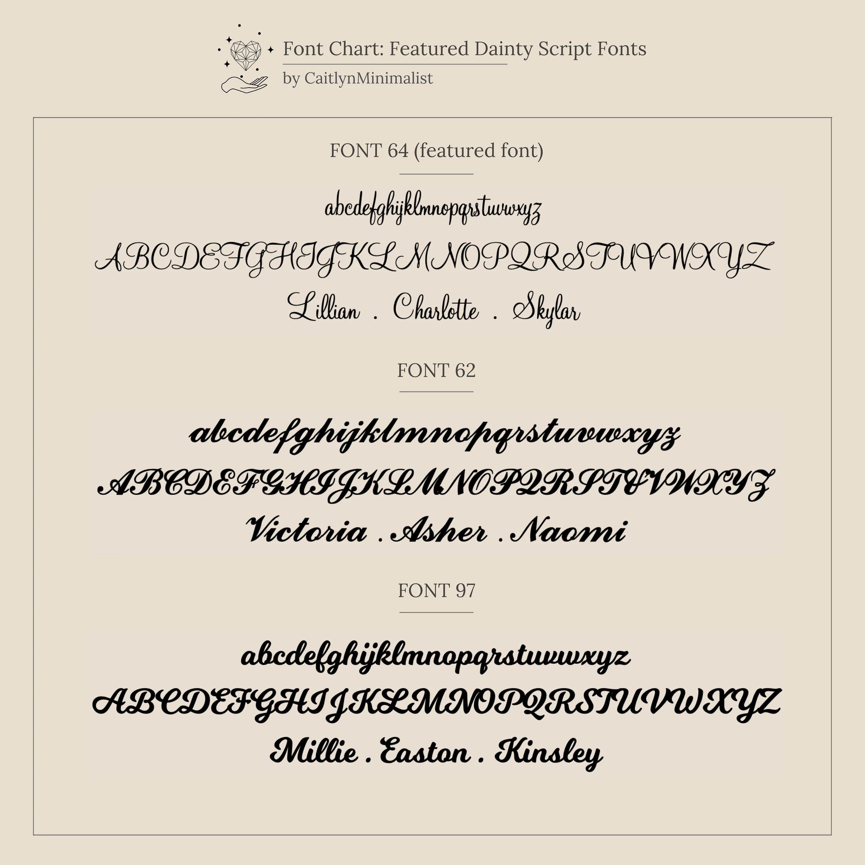 Font chart showcasing three dainty script fonts with sample names in cursive—ideal for personalizing the Luna Name Necklace in Paperclip Chain—displayed on a beige background.
