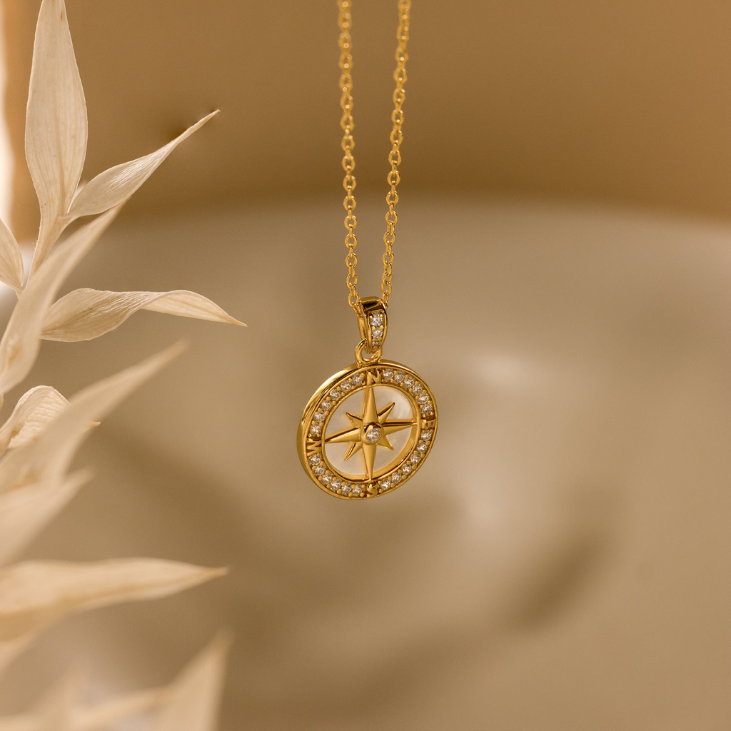 The Pave Pearl Compass Necklace, featuring diamond accents and nautical-inspired design, is displayed in soft, warm lighting beside dried foliage.
