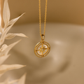 The Pave Pearl Compass Necklace, featuring diamond accents and nautical-inspired design, is displayed in soft, warm lighting beside dried foliage.