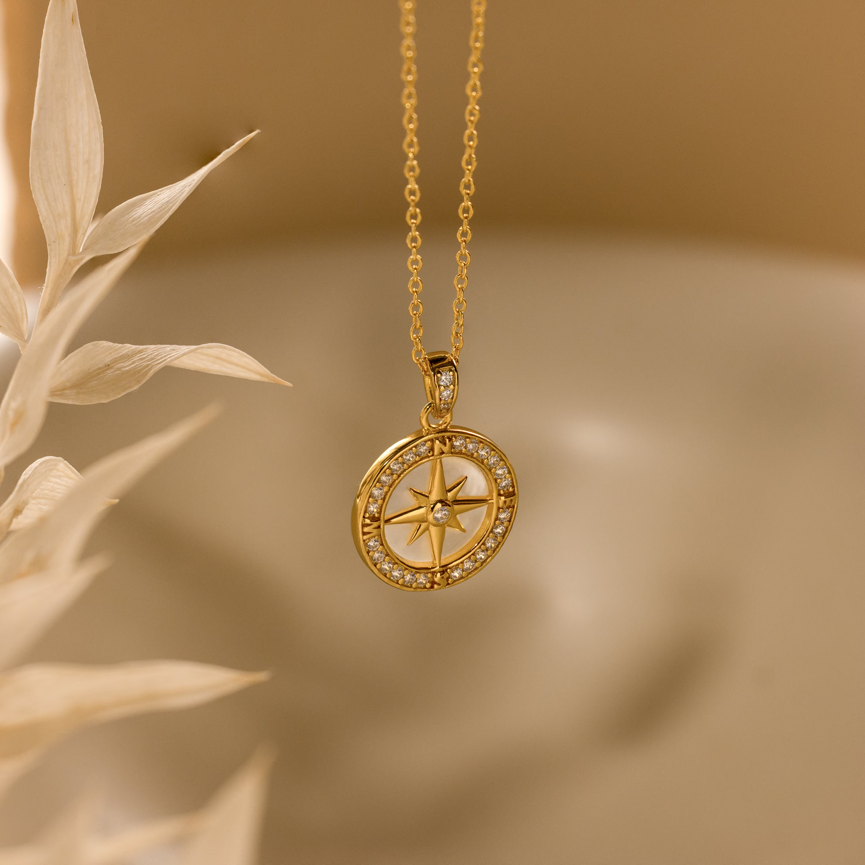 The Pave Pearl Compass Necklace, featuring diamond accents and nautical-inspired design, is displayed in soft, warm lighting beside dried foliage.