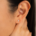 Close-up of a woman's ear adorned with Pear Moonstone Studs, her hand softly touching her neck, highlighting the subtle celestial charm of these dainty earrings.