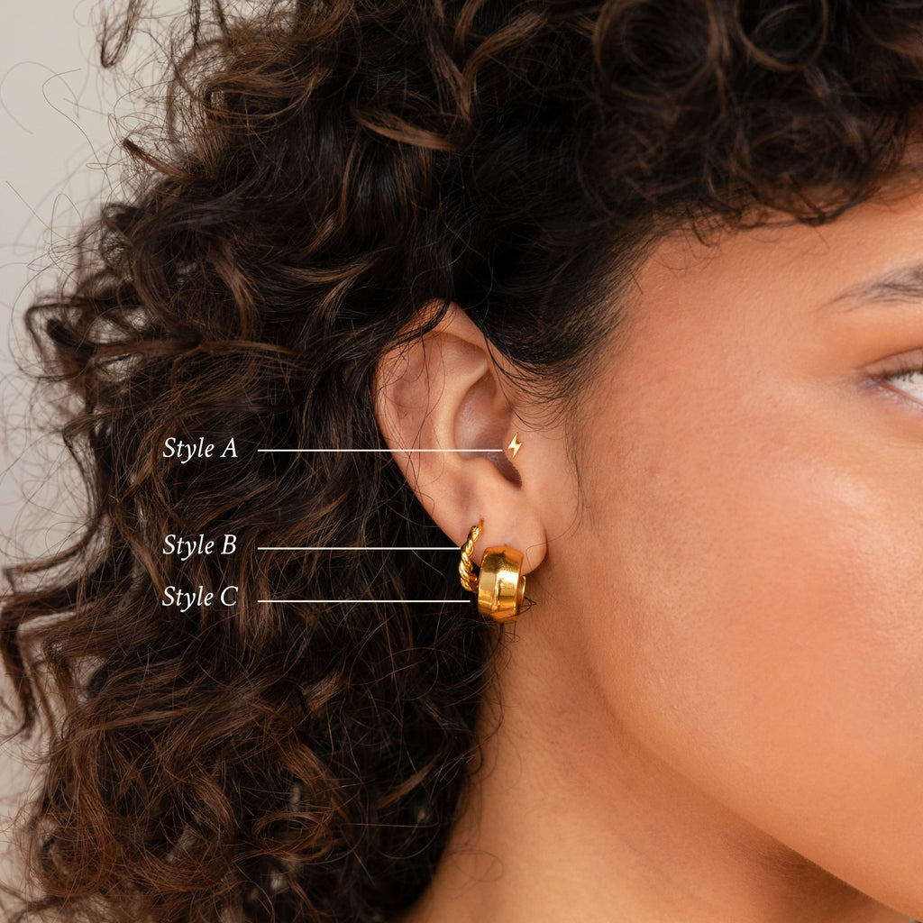 A close-up of a woman's ear adorned with the Summer Statement Earrings Set.