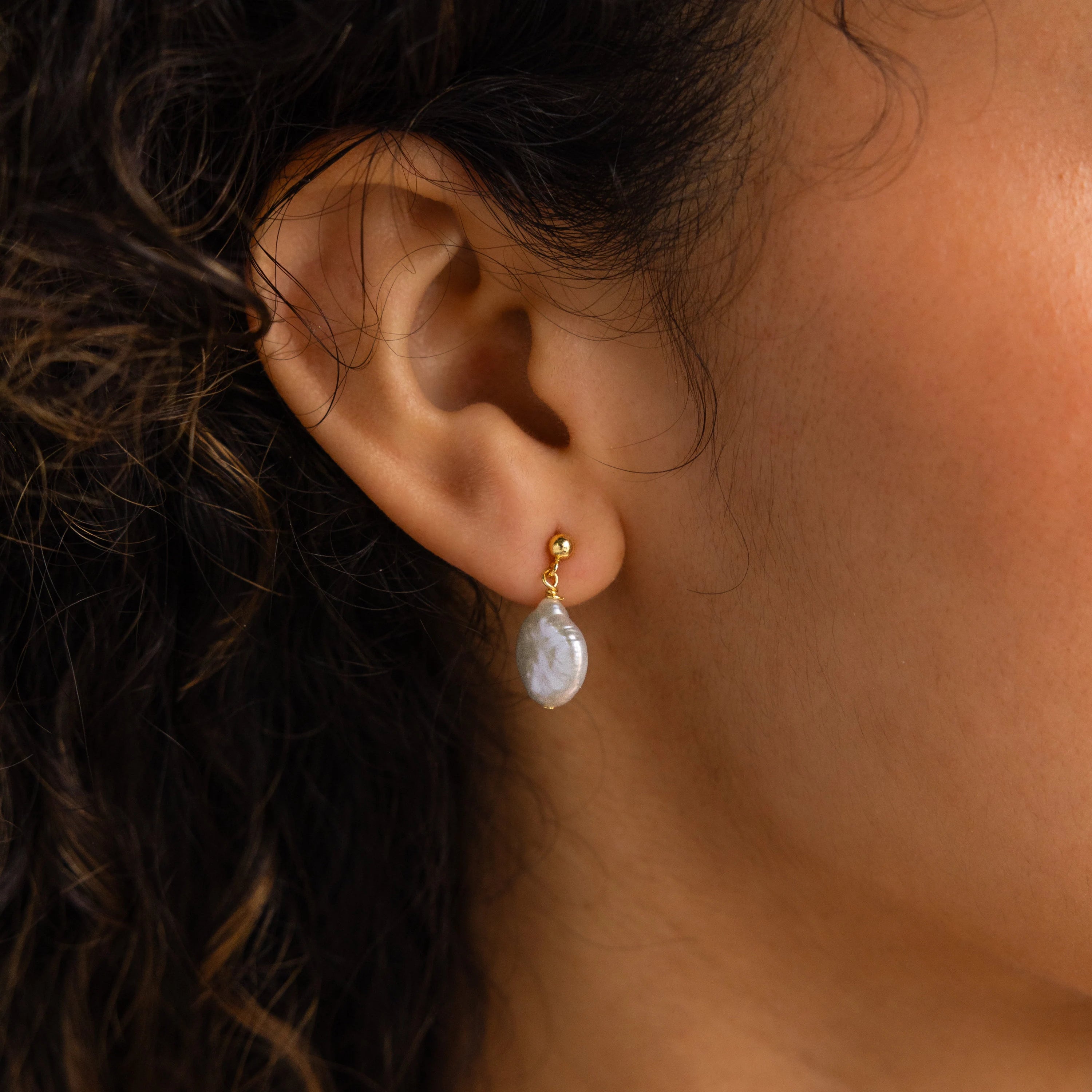 Baroque Round Freshwater Pearl Drop Stud Earrings Caitlyn Minimalist