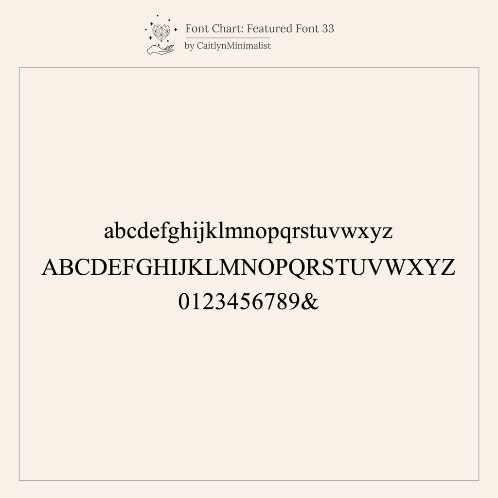 A font chart shows lowercase, uppercase, and numbers in a serif style on a cream background—ideal for creating your own Gemstone Initial Disc Necklace.