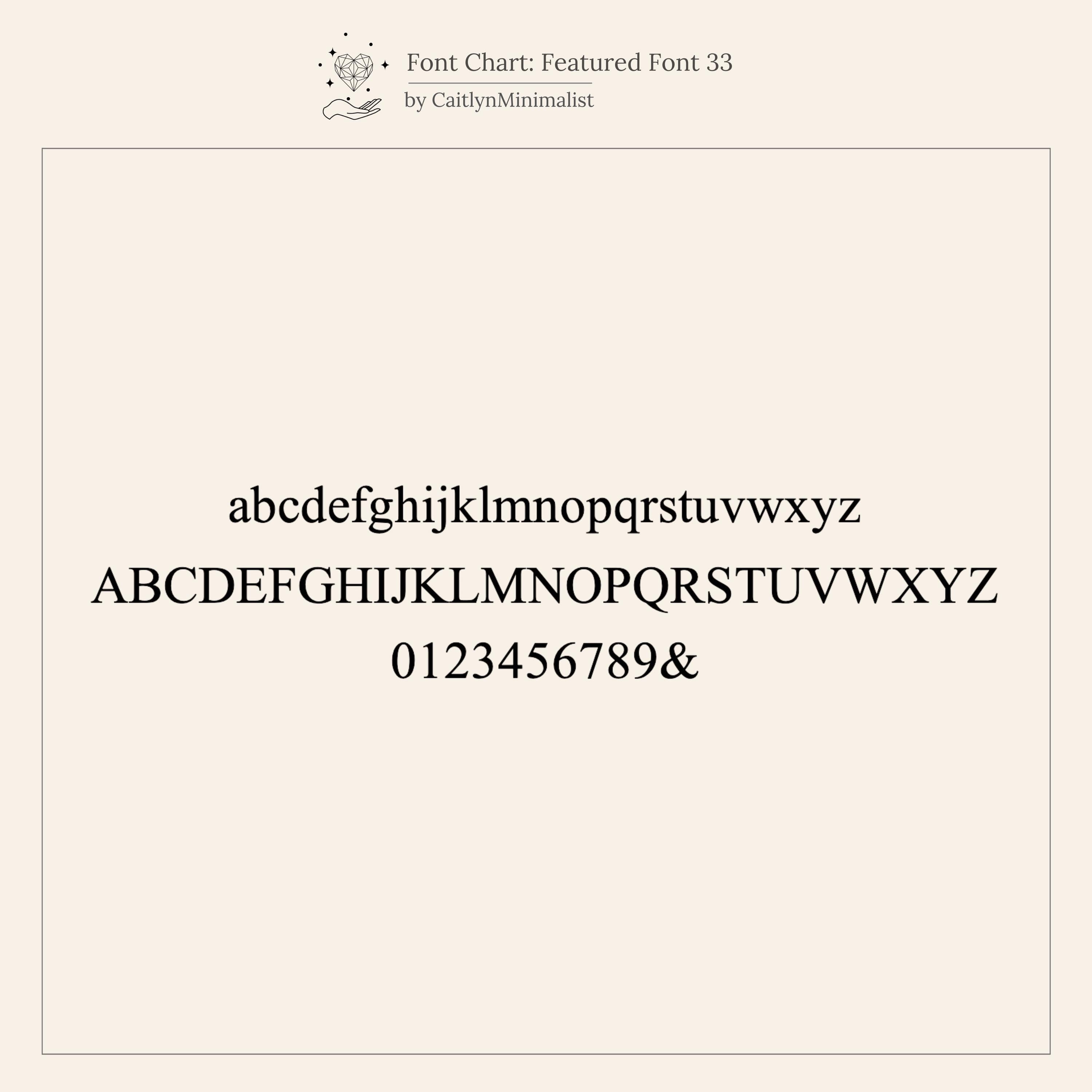 A font chart shows lowercase, uppercase, and numbers in a serif style on a cream background—ideal for creating your own Gemstone Initial Disc Necklace.