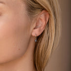 Close-up of a woman’s ear wearing the elegant Onyx Flower Huggies—small silver hoops featuring a dark onyx gemstone pendant.