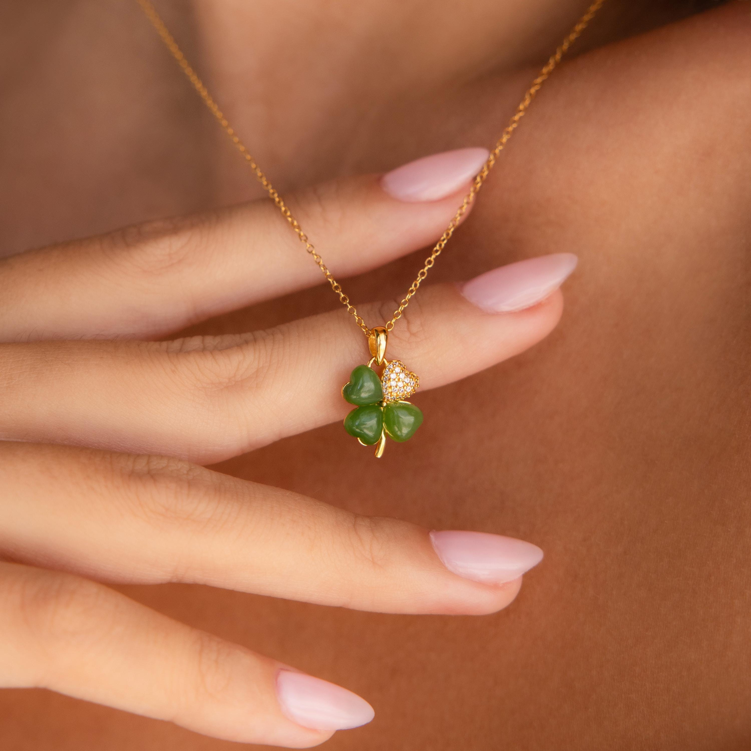Pave Jade Clover Necklace-Necklaces-Caitlyn Minimalist