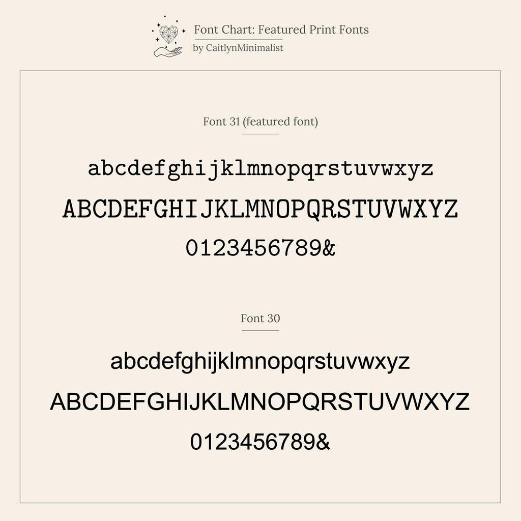 View a font chart featuring two serif fonts—each with uppercase, lowercase, and numbers—designed to help you personalize your Engraved Tiny Name Ring or other minimal jewelry pieces.